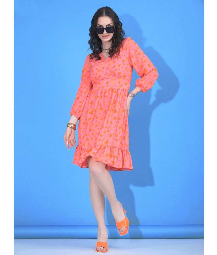     			qrosh Cotton Printed Knee Length Women's Fit & Flare Dress - Orange ( Pack of 1 )