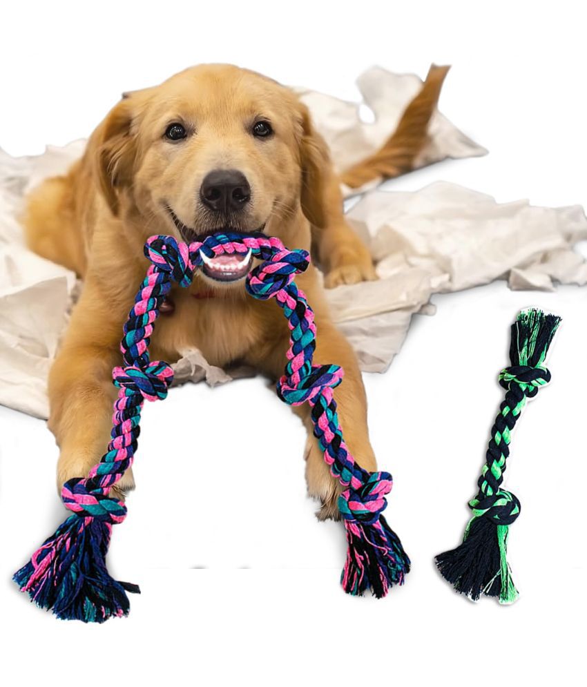     			DOGGIE DOG Cotton Polyester Mix Rope Chew Dog Toys for Large and Medium Breeds 6 Knots + 2 Knot Combo (Multicolour, 2 in 1 Combo)