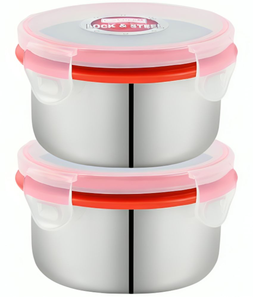     			HOMETALES Lock N Steel Steel Red Food Container ( Set of 2 )