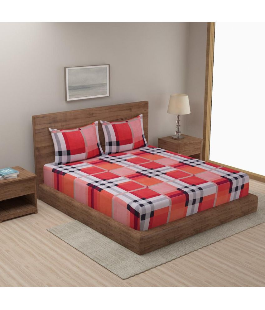     			CTF Bedding Microfiber Big Checks 1 Double Bedsheet with 2 Pillow Covers - Orange
