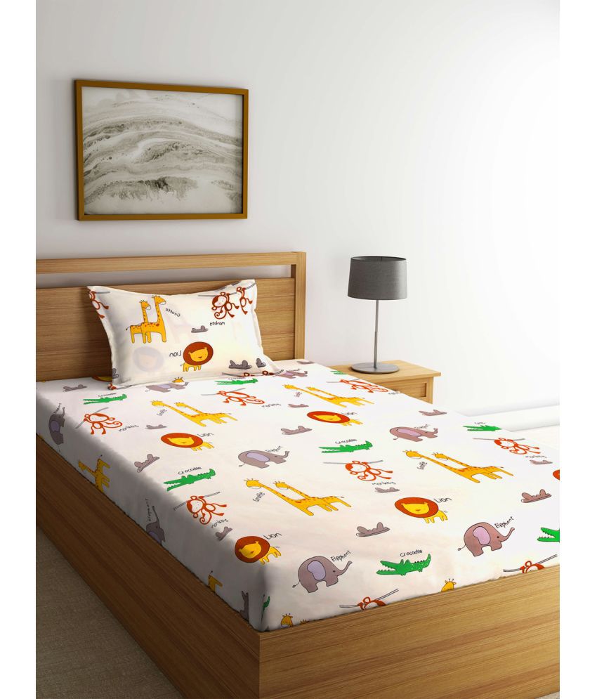     			Klotthe Poly Cotton Animal 1 Single Bedsheet with 1 Pillow Cover - Off White