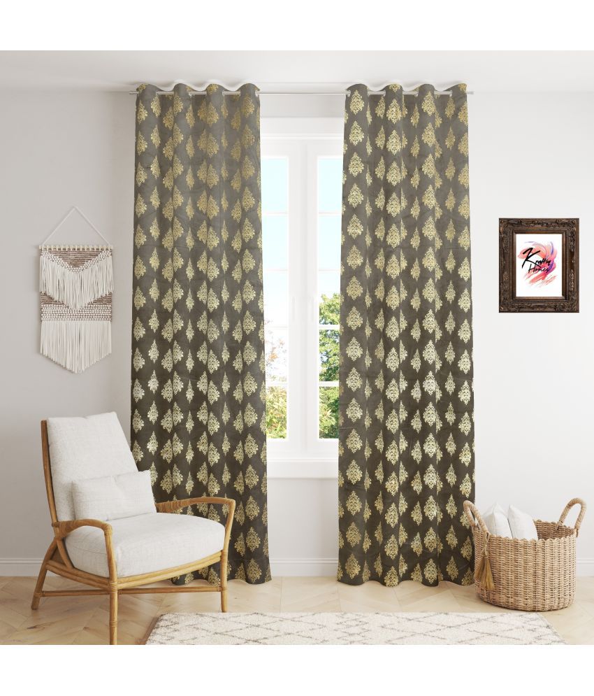     			Kraftiq Homes Floral Room Darkening Eyelet Curtain 5 ft ( Pack of 2 ) - Light Grey