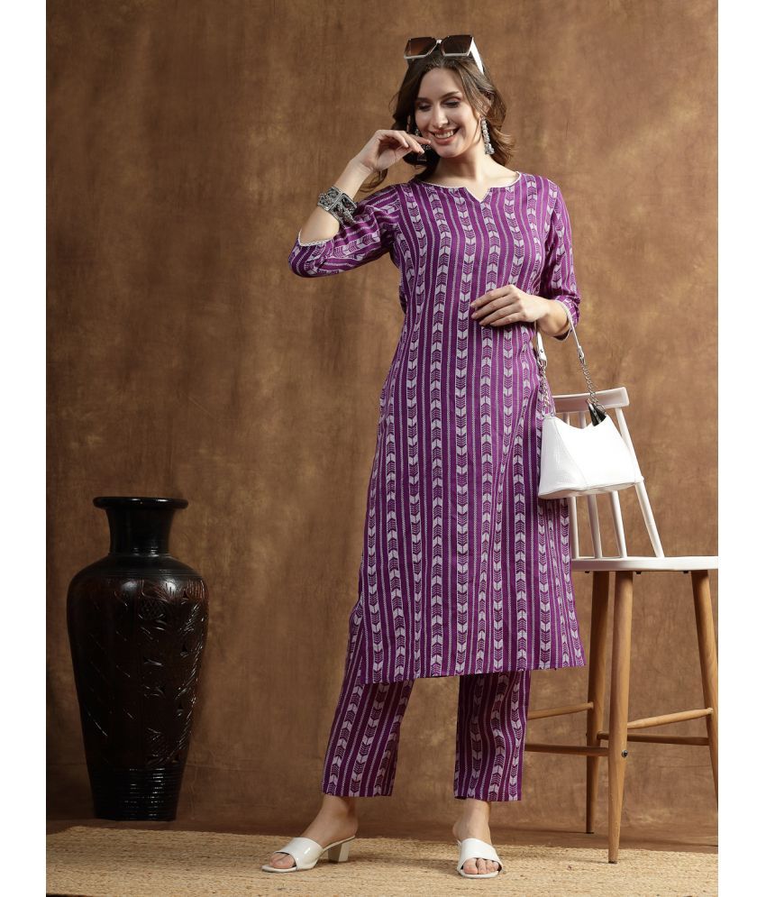     			Stylum Cotton Blend Printed Kurti With Pants Women's Stitched Salwar Suit - Violet ( Pack of 1 )