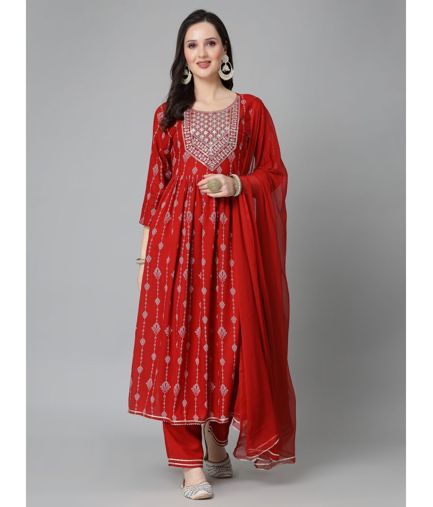     			Stylum Rayon Embroidered Kurti With Pants Women's Stitched Salwar Suit - Red ( Pack of 1 )