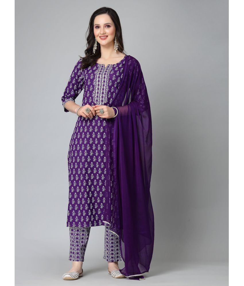     			Stylum Rayon Printed Kurti With Pants Women's Stitched Salwar Suit - Violet ( Pack of 1 )