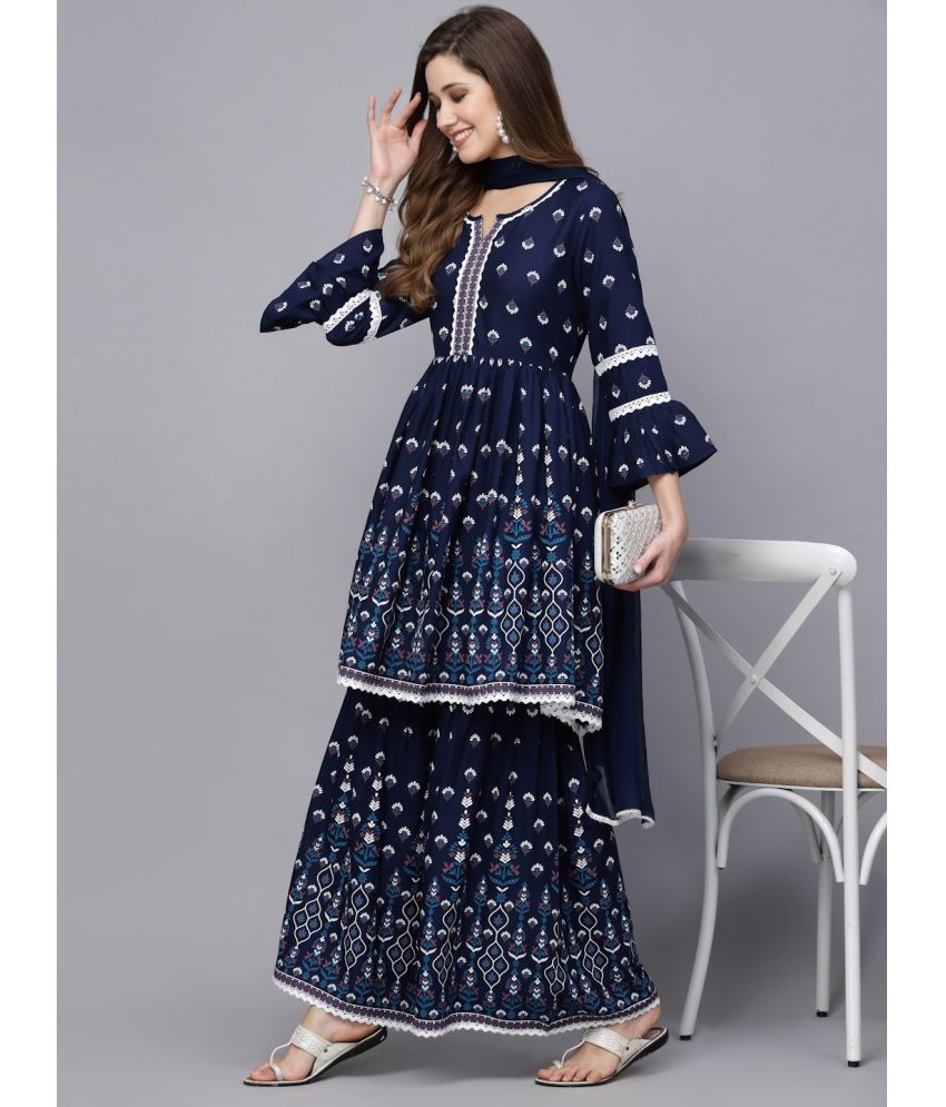     			Stylum Rayon Printed Kurti With Sharara And Gharara Women's Stitched Salwar Suit - Navy Blue ( Pack of 1 )