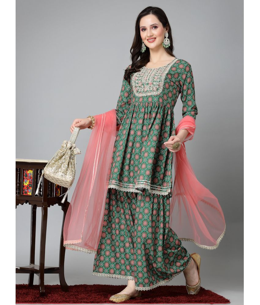     			Stylum Silk Printed Kurti With Sharara And Gharara Women's Stitched Salwar Suit - Green ( Pack of 1 )
