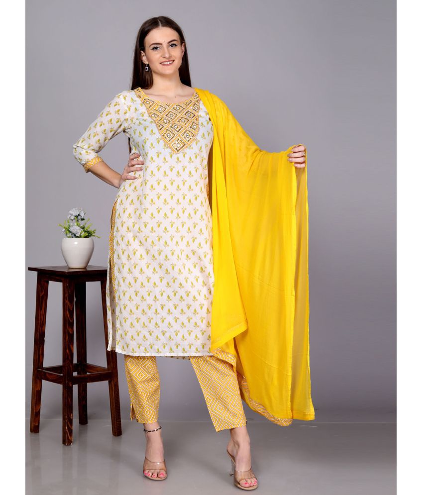     			JC4U Cotton Embellished Kurti With Pants Women's Stitched Salwar Suit - Yellow ( Pack of 1 )