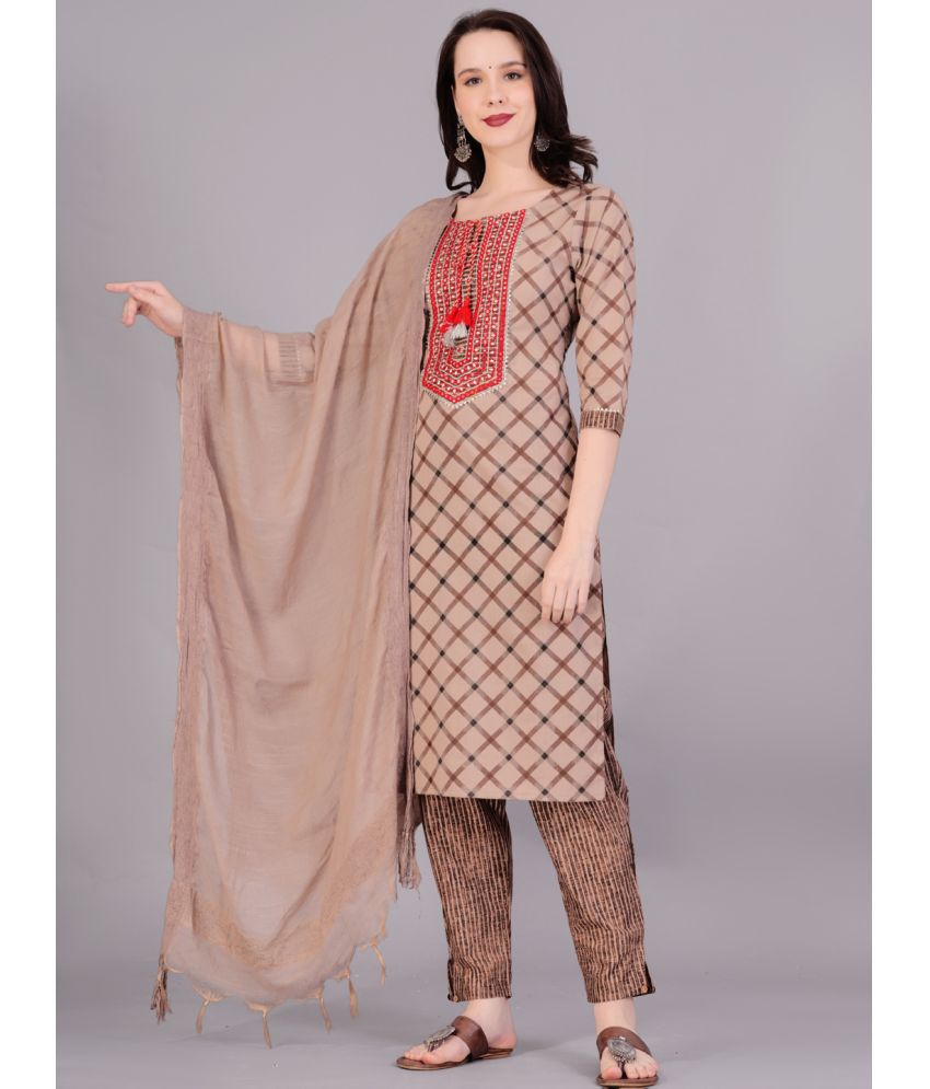     			JC4U Cotton Embroidered Kurti With Pants Women's Stitched Salwar Suit - Brown ( Pack of 1 )