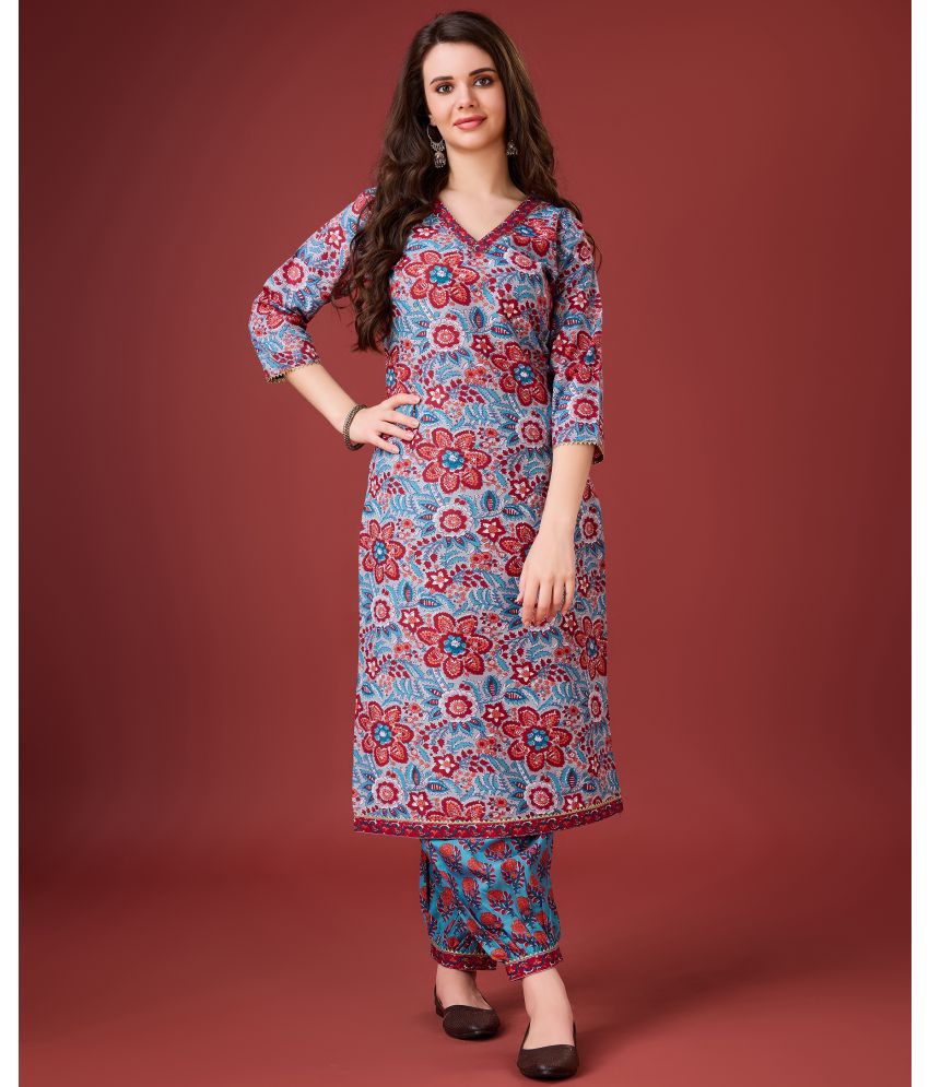     			MOJILAA Cotton Printed Kurti With Salwar Women's Stitched Salwar Suit - Blue ( Pack of 1 )