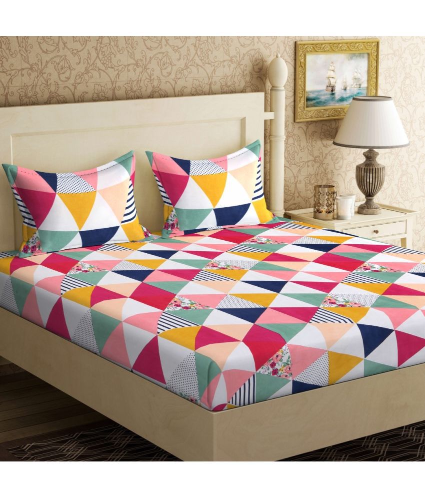     			Neekshaa Glace Cotton Geometric 1 Double Bedsheet with 2 Pillow Covers - Multicolor