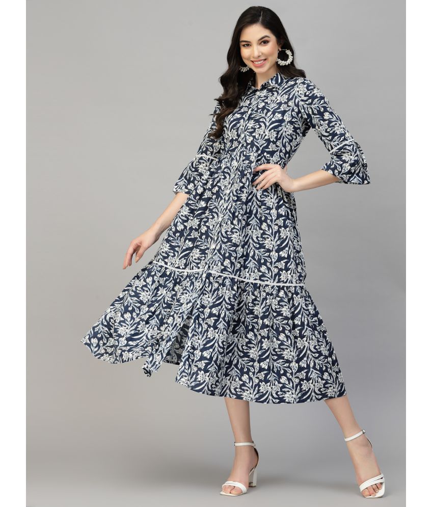     			Stylum Cotton Printed Midi Women's Fit & Flare Dress - Navy Blue ( Pack of 1 )