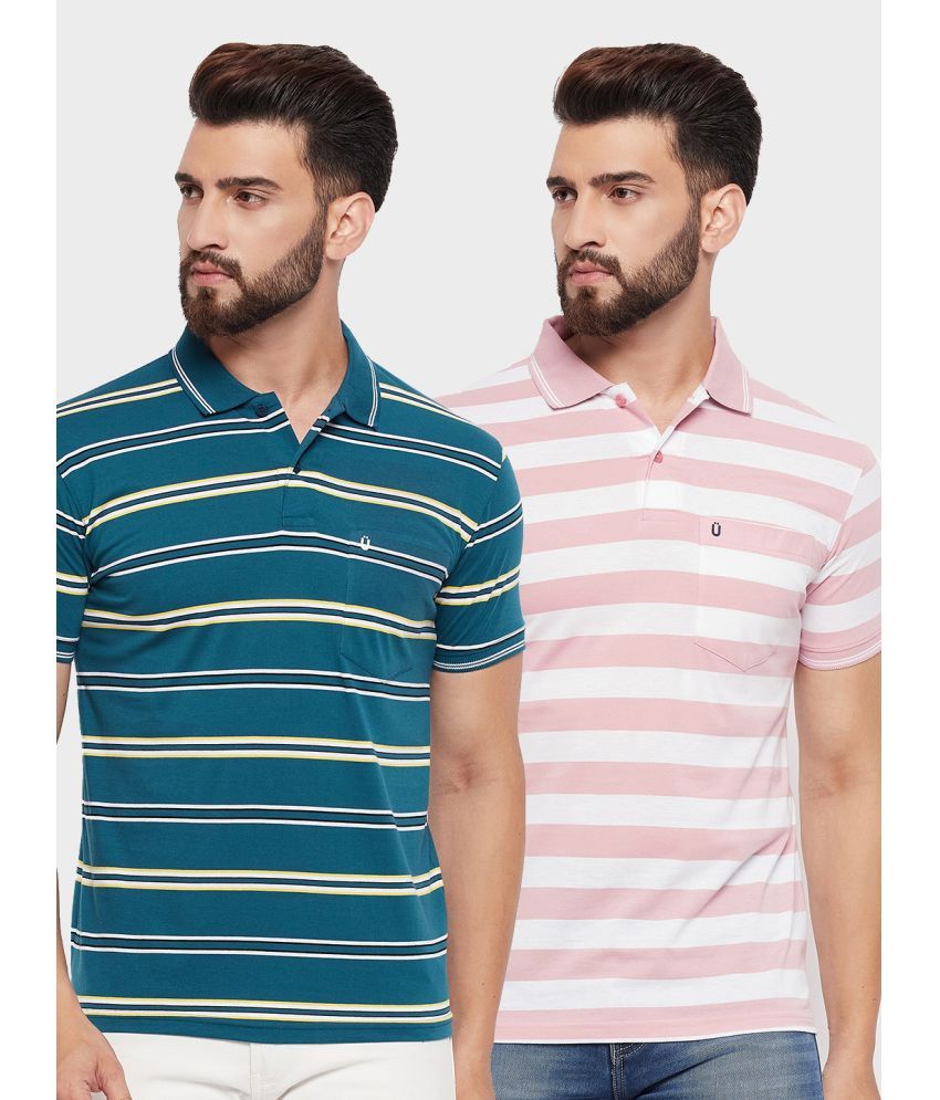     			UNIBERRY Cotton Blend Regular Fit Striped Half Sleeves Men's Polo T Shirt - Teal Blue ( Pack of 2 )