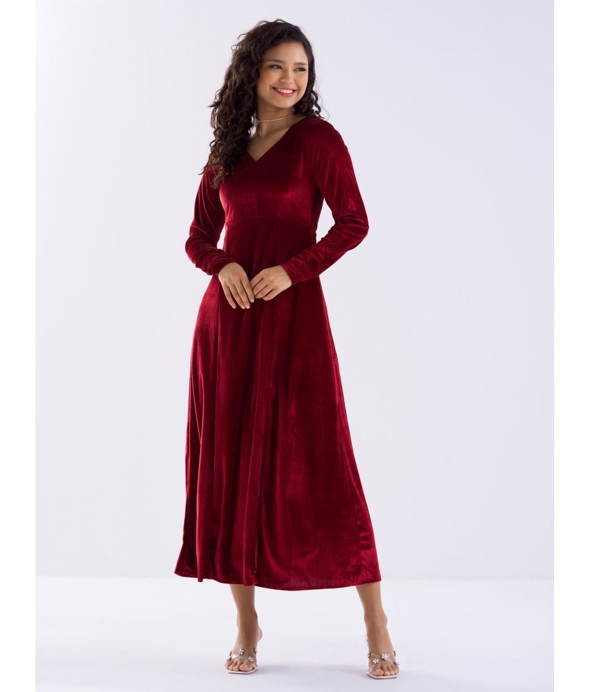     			aask Velvet Solid Midi Women's Fit & Flare Dress - Maroon ( Pack of 1 )