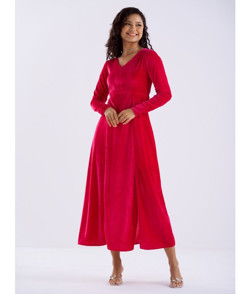     			aask Velvet Solid Midi Women's Fit & Flare Dress - Pink ( Pack of 1 )