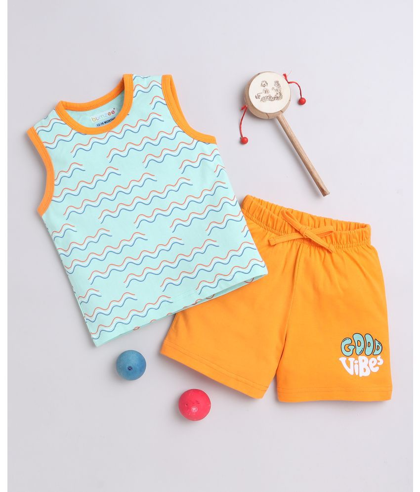     			BUMZEE Mint Green & Orange Boys Sleeveless T-Shirt & Short Set Age - 4-5 Years