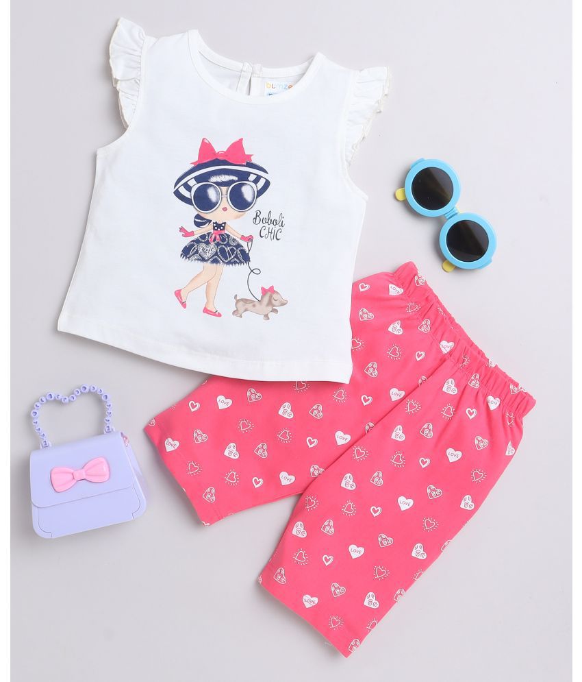     			BUMZEE Off White & Pink Girls Sleeveless T-Shirt & Capri Set Age - 18-24 Months