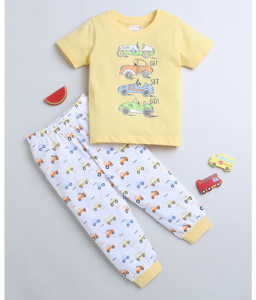     			BUMZEE White & Yellow Boys Half Sleeves T-Shirt & Pyjama Set Age - 6-12 Months