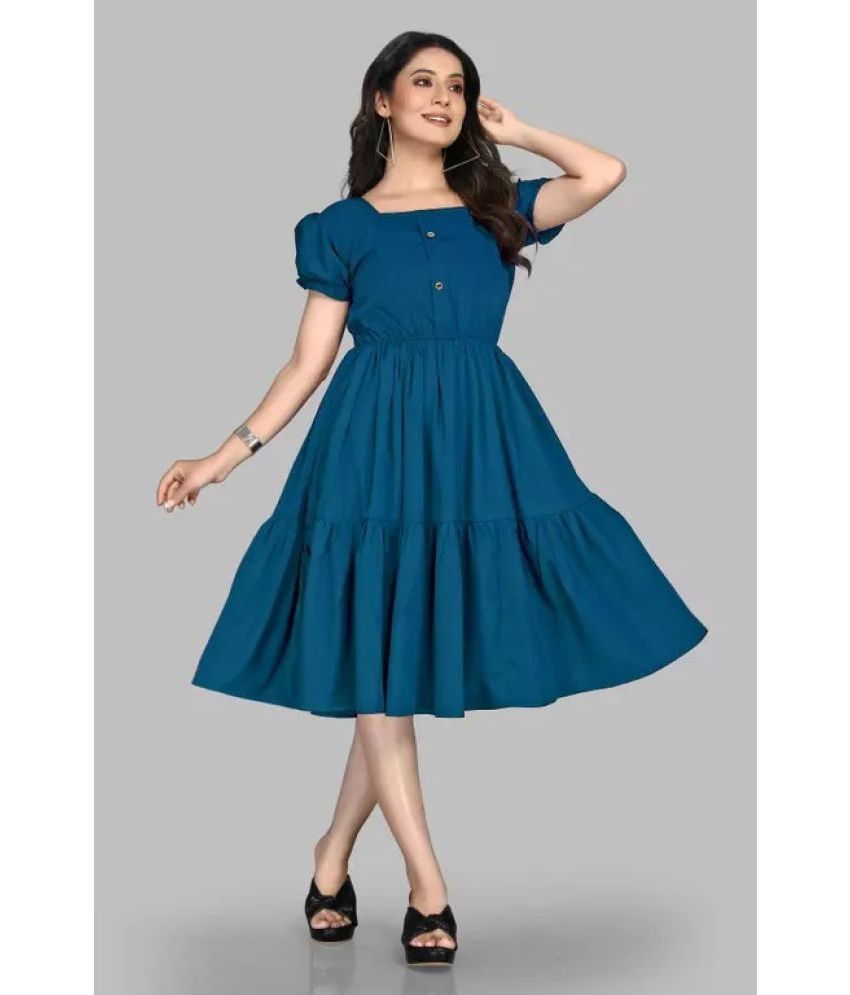     			JASH CREATION Polyester Solid Midi Women's Fit & Flare Dress - Teal ( Pack of 1 )