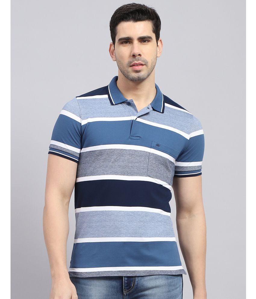     			Monte Carlo Cotton Blend Regular Fit Striped Half Sleeves Men's Polo T Shirt - Blue ( Pack of 1 )