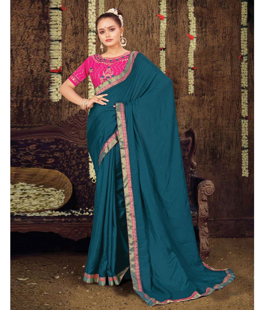     			Samah Art Silk Dyed Saree With Blouse Piece - Teal ( Pack of 1 )