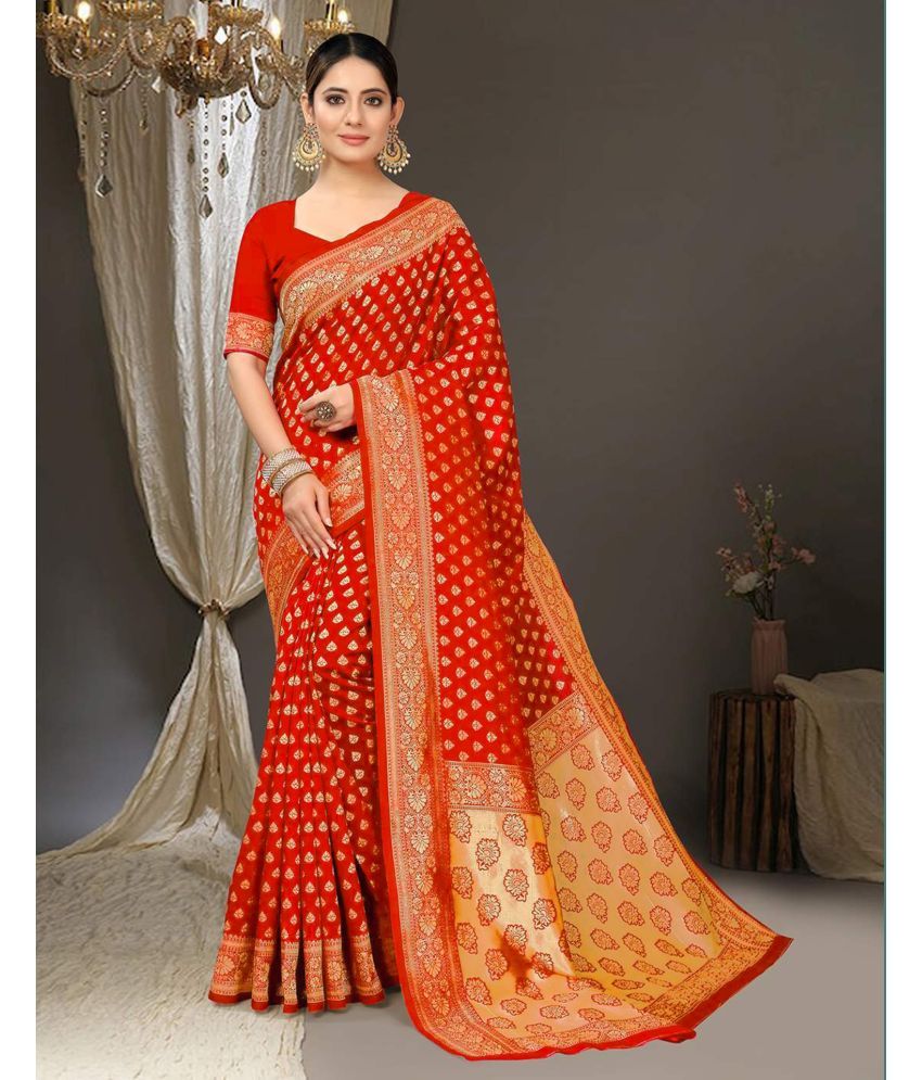     			Samah Art Silk Self Design Saree With Blouse Piece - Orange ( Pack of 1 )