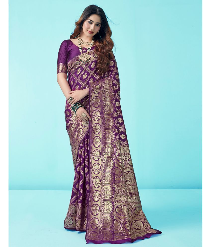     			Samah Art Silk Self Design Saree With Blouse Piece - Purple ( Pack of 1 )