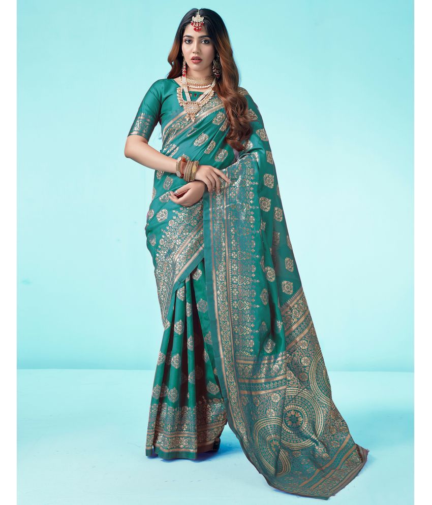     			Samah Art Silk Self Design Saree With Blouse Piece - Turquoise ( Pack of 1 )