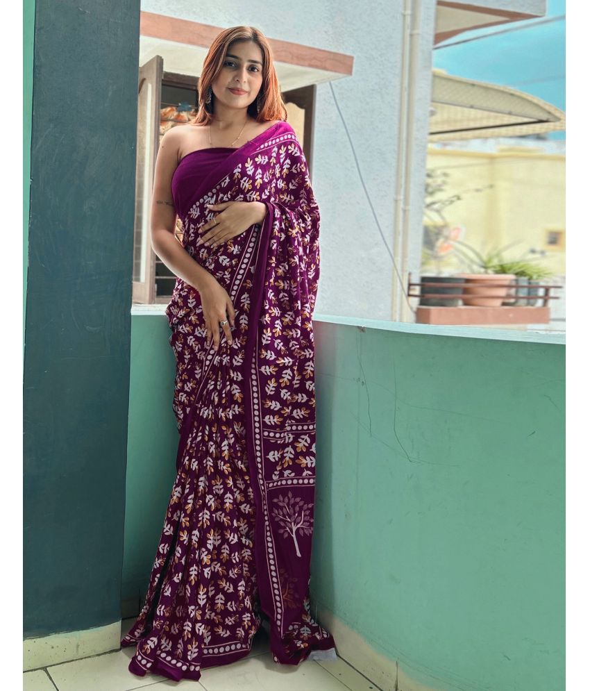     			Samah Cotton Printed Saree With Blouse Piece - Purple ( Pack of 1 )