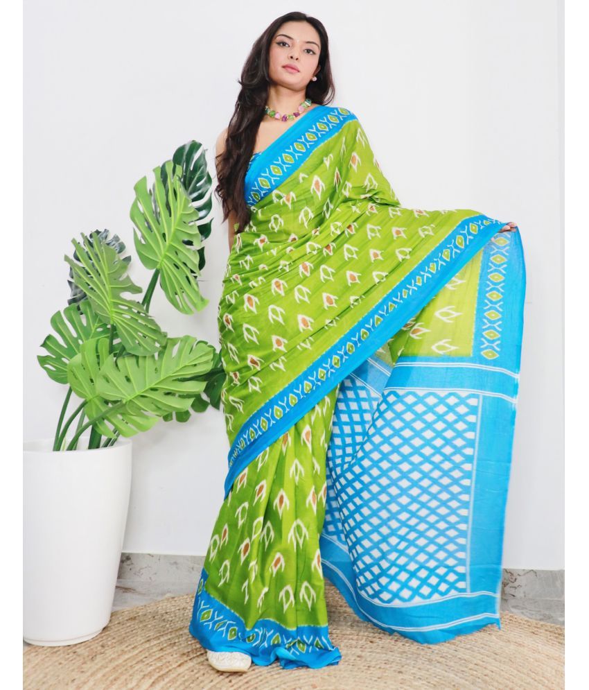     			Samah Cotton Printed Saree With Blouse Piece - Green ( Pack of 1 )