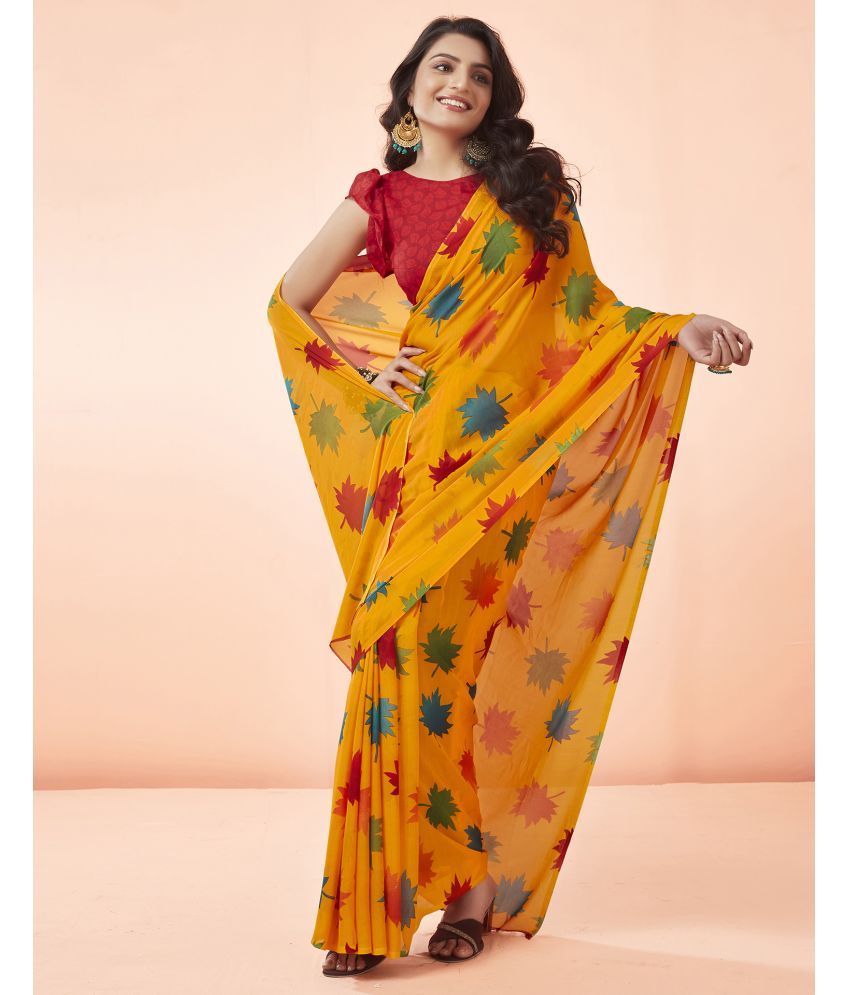     			Samah Georgette Printed Saree With Blouse Piece - Yellow ( Pack of 1 )