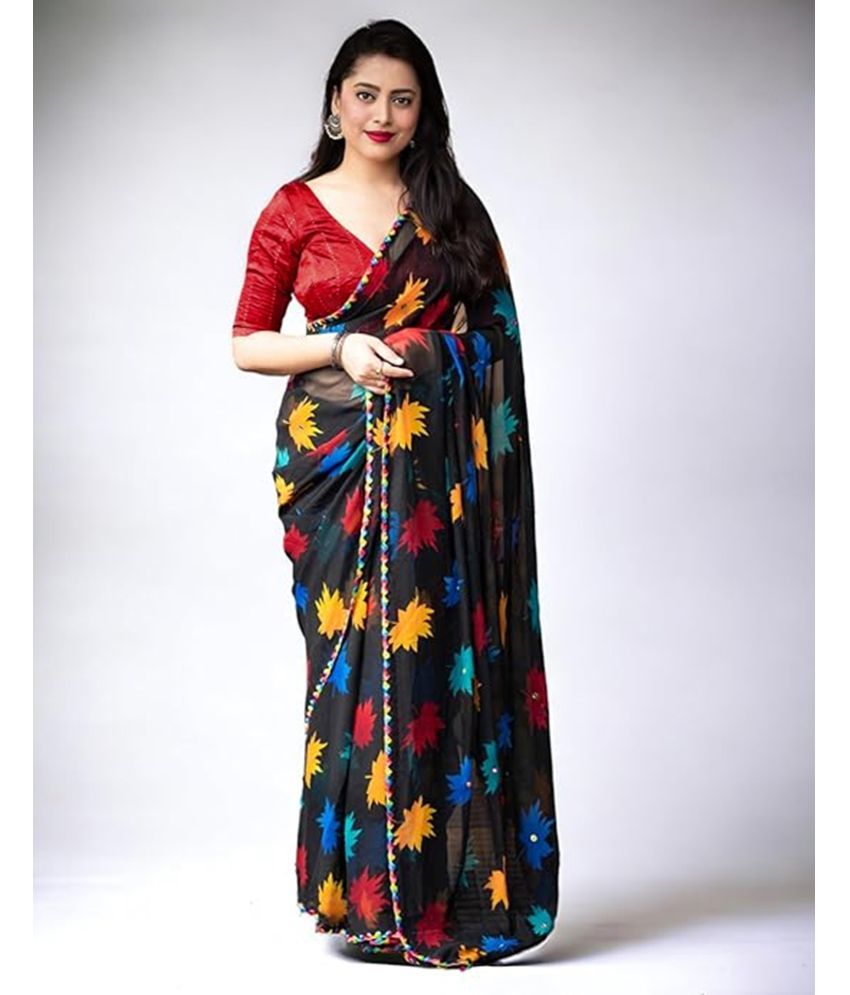     			Samah Georgette Printed Saree With Blouse Piece - Black ( Pack of 1 )