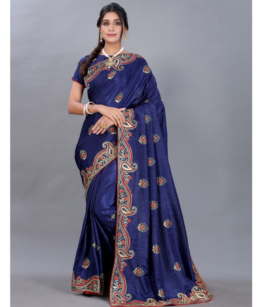     			Samah Silk Blend Embroidered Saree With Blouse Piece - Navy Blue ( Pack of 1 )