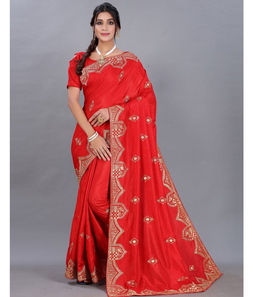     			Samah Silk Blend Embroidered Saree With Blouse Piece - Red ( Pack of 1 )