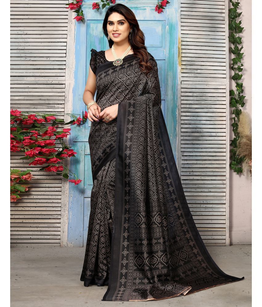     			Samah Silk Blend Printed Saree With Blouse Piece - Black ( Pack of 1 )