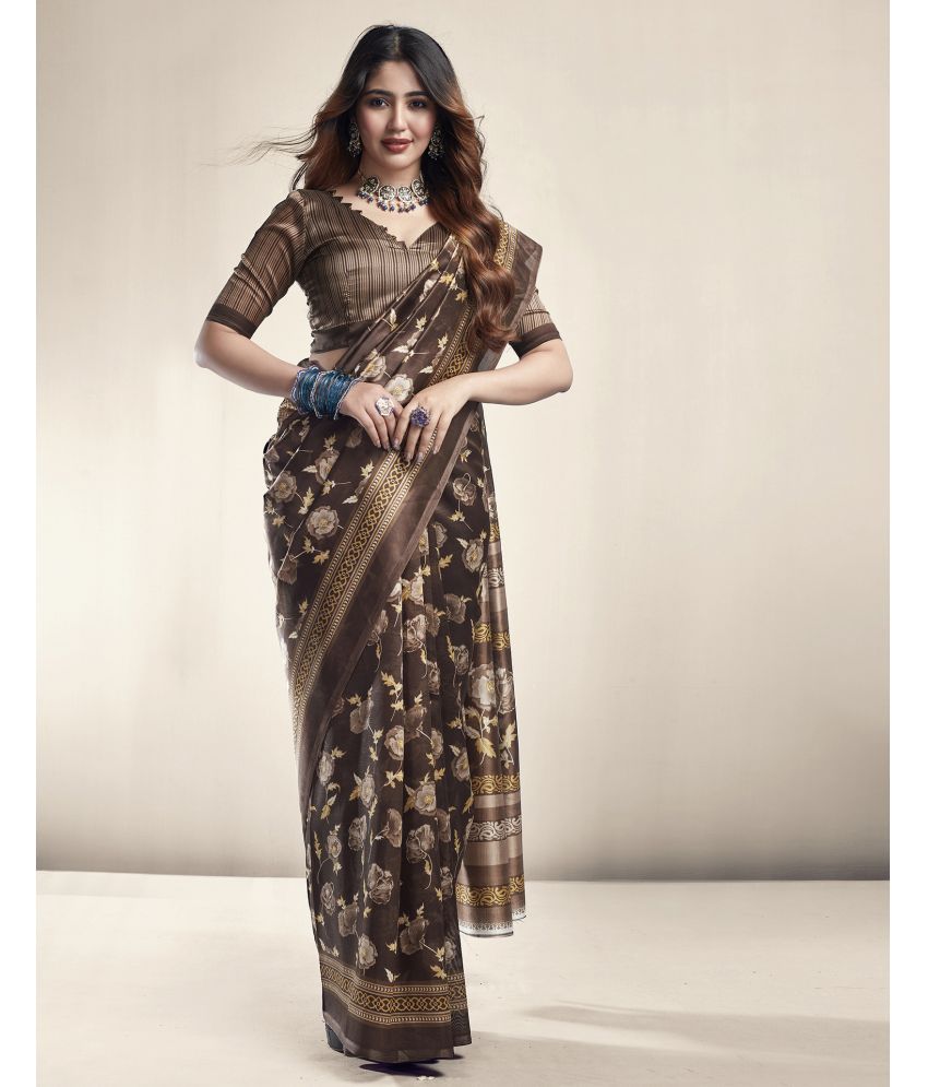     			Samah Silk Blend Printed Saree With Blouse Piece - Brown ( Pack of 1 )