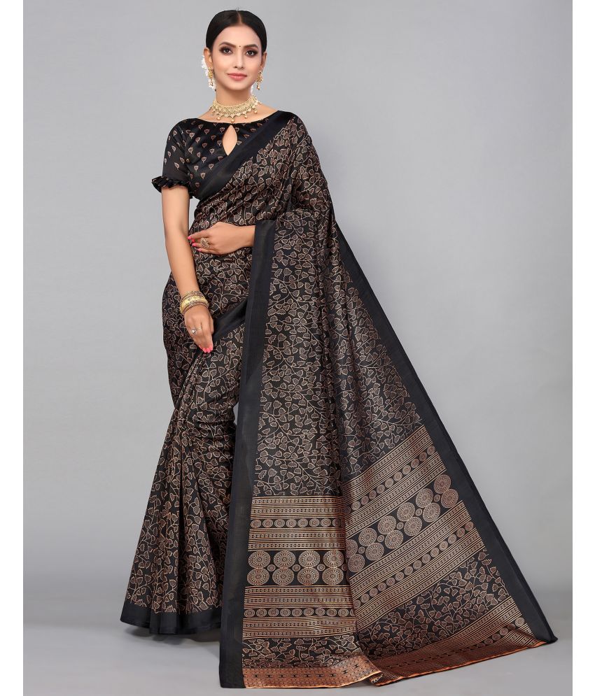    			Samah Silk Blend Printed Saree With Blouse Piece - Black ( Pack of 1 )