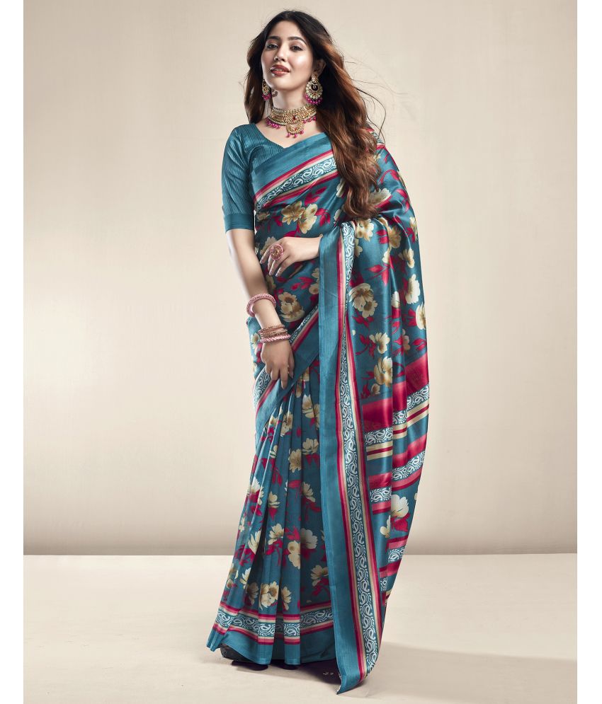     			Samah Silk Blend Printed Saree With Blouse Piece - Rama ( Pack of 1 )