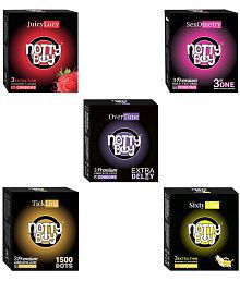 NottyBoy 3-In-One Ribbed Dotted Contoured, Extra Delay, 1500 Dots, Strawberry and Banana Flavoured Condom - (Sets of 5, 15 Sheets)