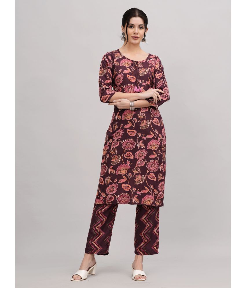     			AAYUFAB Rayon Printed Kurti With Pants Women's Stitched Salwar Suit - Maroon ( Pack of 1 )