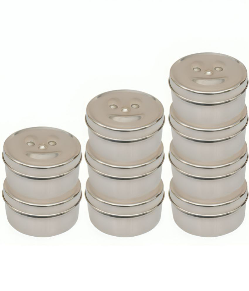     			HOMETALES Keep Smiling Steel Silver Food Container ( Set of 9 )