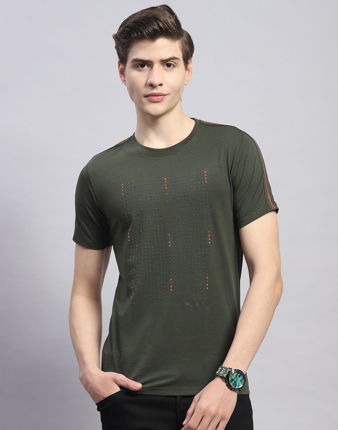     			Monte Carlo Cotton Blend Regular Fit Printed Half Sleeves Men's T-Shirt - Olive ( Pack of 1 )