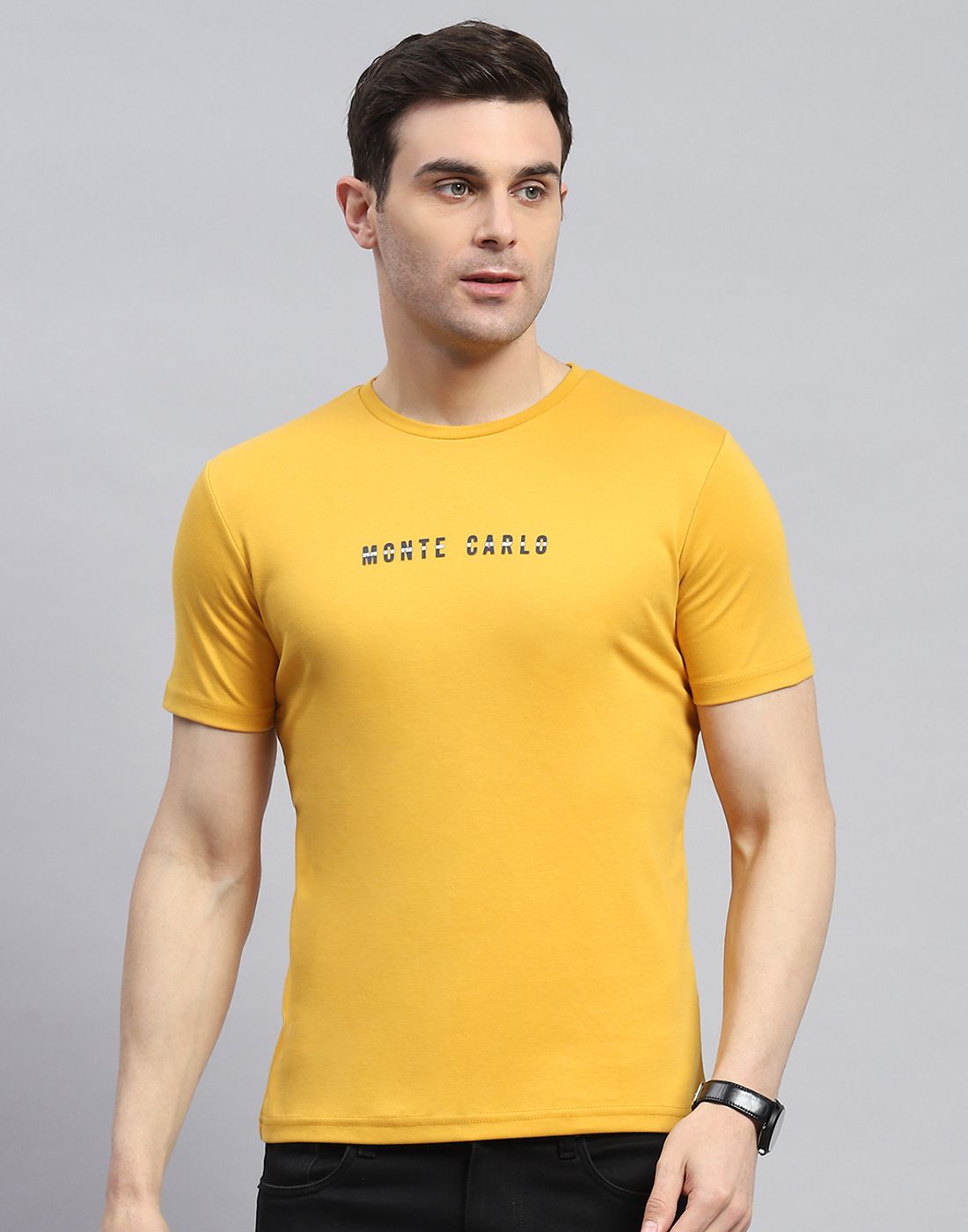     			Monte Carlo Cotton Blend Regular Fit Printed Half Sleeves Men's T-Shirt - Yellow ( Pack of 1 )