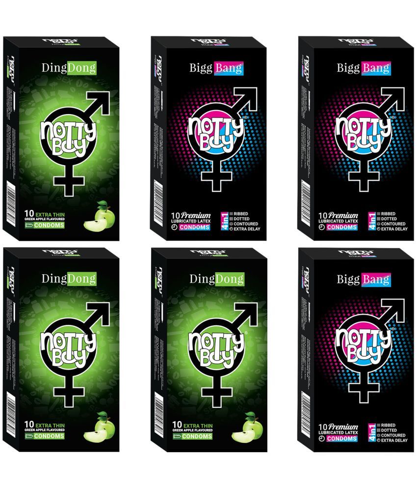     			NottyBoy 4 IN 1, Dotted, Ribbed, Long Lasting, Contour and Fruit Flavour, Ultra Thin Combo Pack Condoms For Men - 60 Units