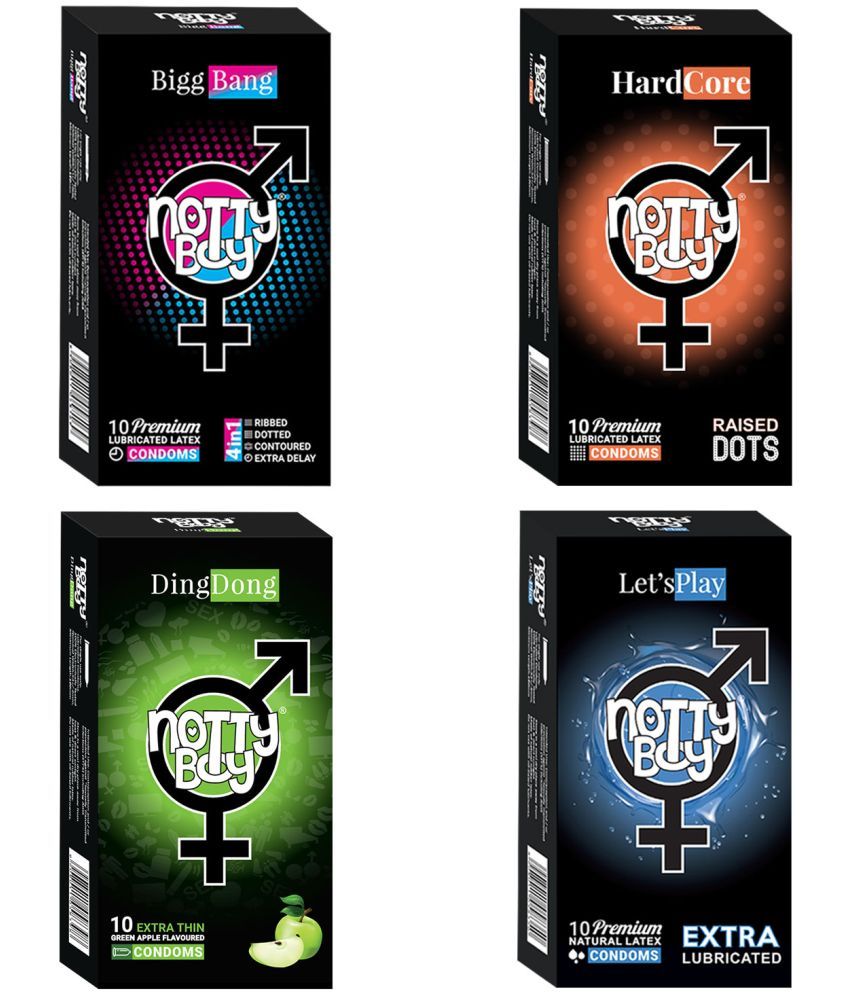     			NottyBoy 4in1, Long Lasting, Ribbed , Raised Dots, Extra Lubricated and Fruit Flavoured Condoms - 40 Units