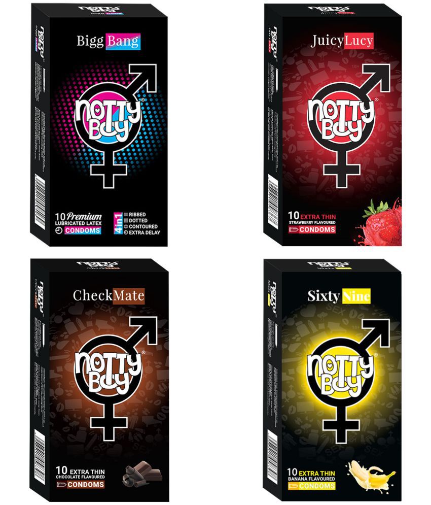     			NottyBoy Combo Pack Ribs Dots Contour Extra Delay Strawberry Chocolate and Banana Flavour Condoms - 40 Unit