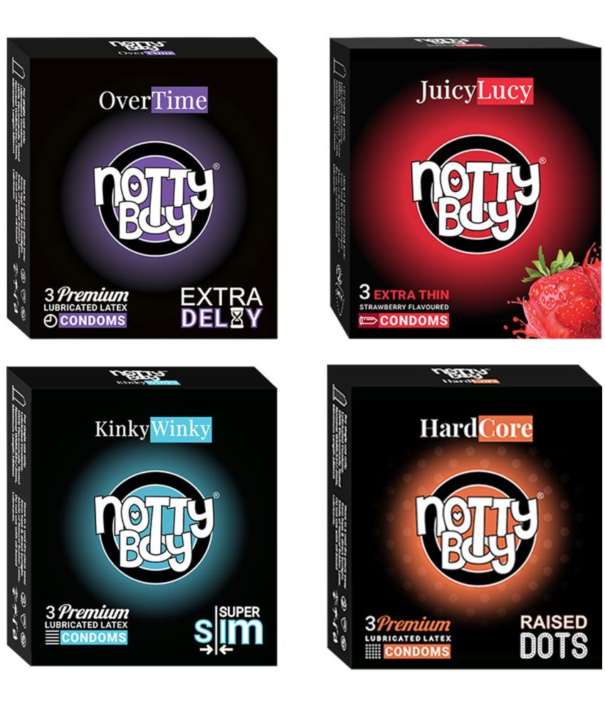     			NottyBoy Mixed Combo Raised Dots, Overtime, Extra Thin and Strawberry Condoms - (Set of 4, 12 Pcs)