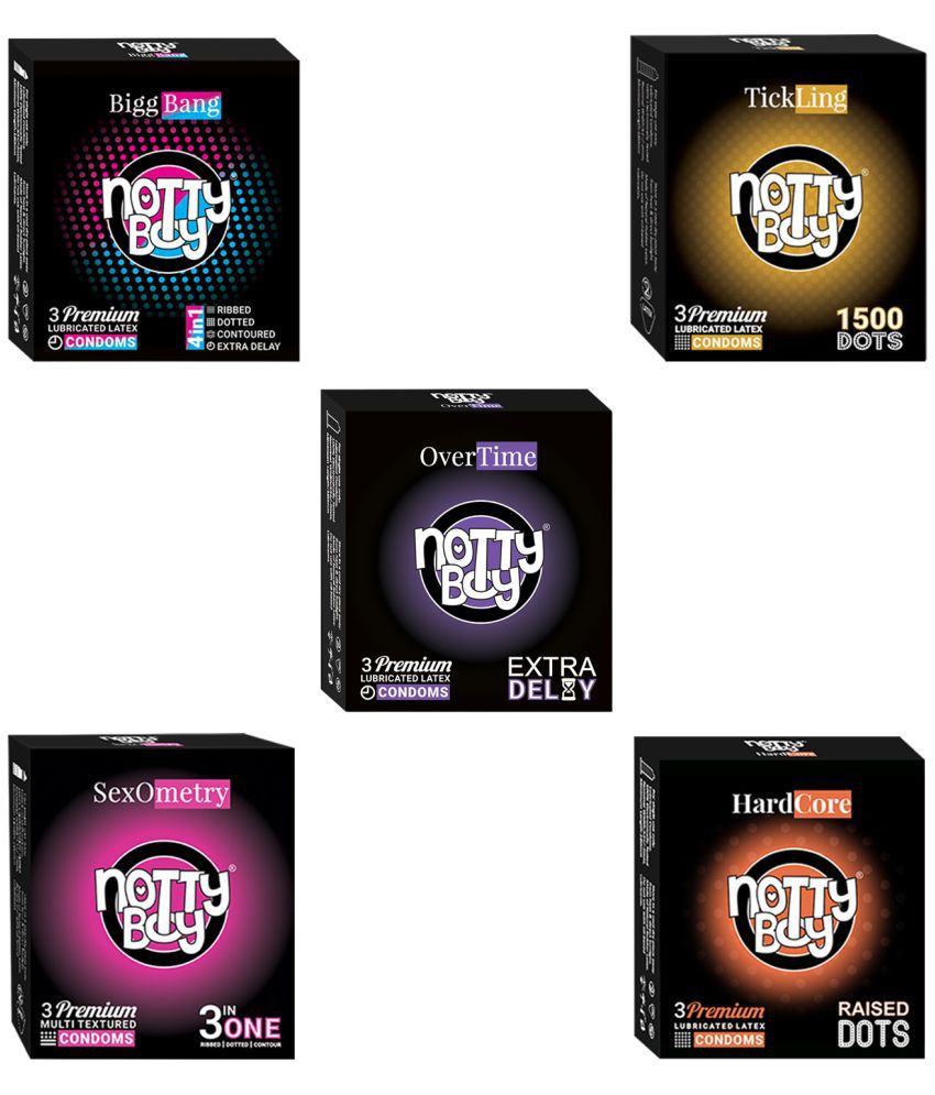     			NottyBoy Mixed Variety 4-In-1 & 3-In-One, Ribbed, 1500 Raised Dots, Contoured, Long Lasting Condoms - 15 Units