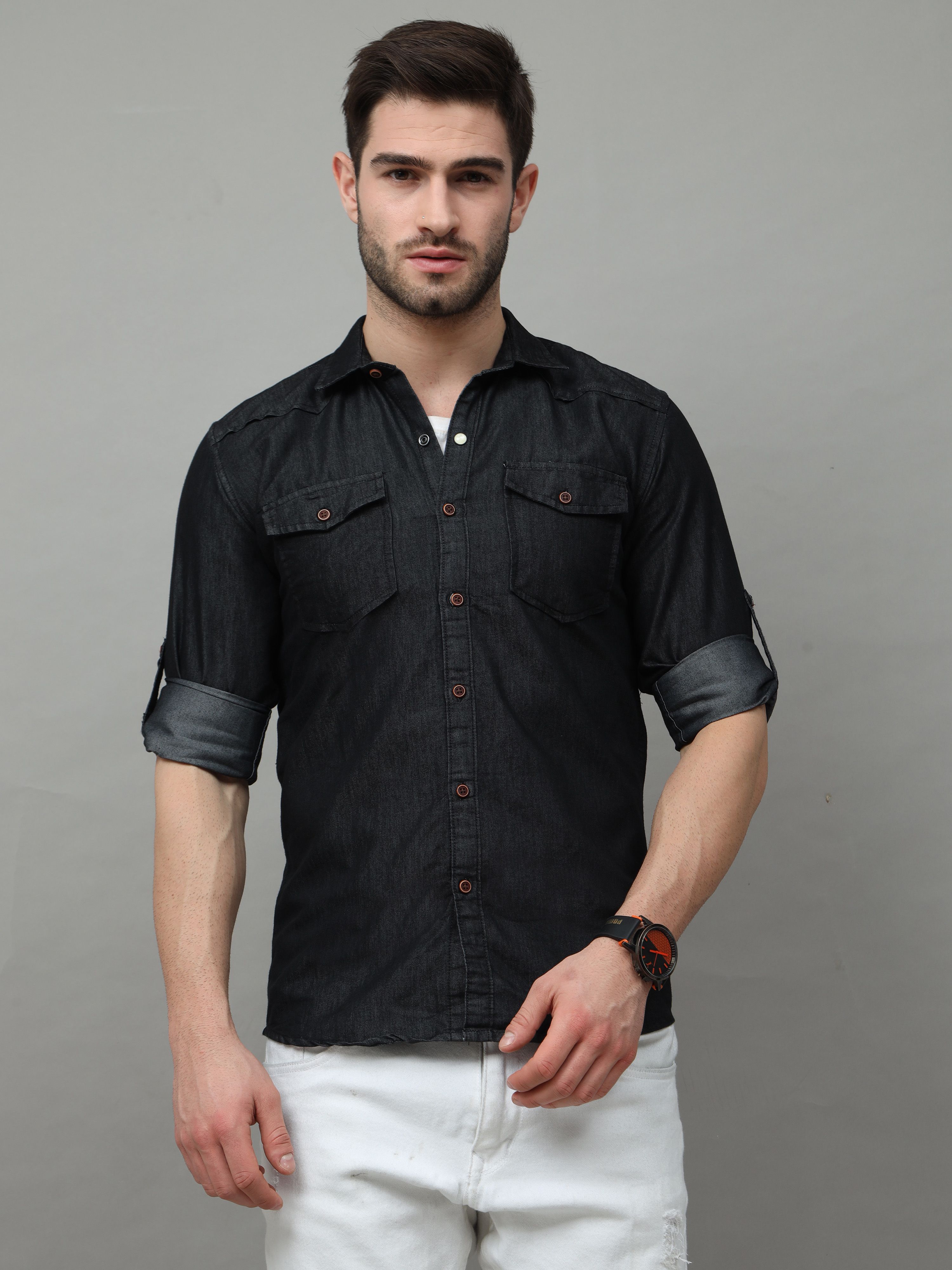     			VROJASS Denim Regular Fit Solids Full Sleeves Men's Casual Shirt - Black ( Pack of 1 )