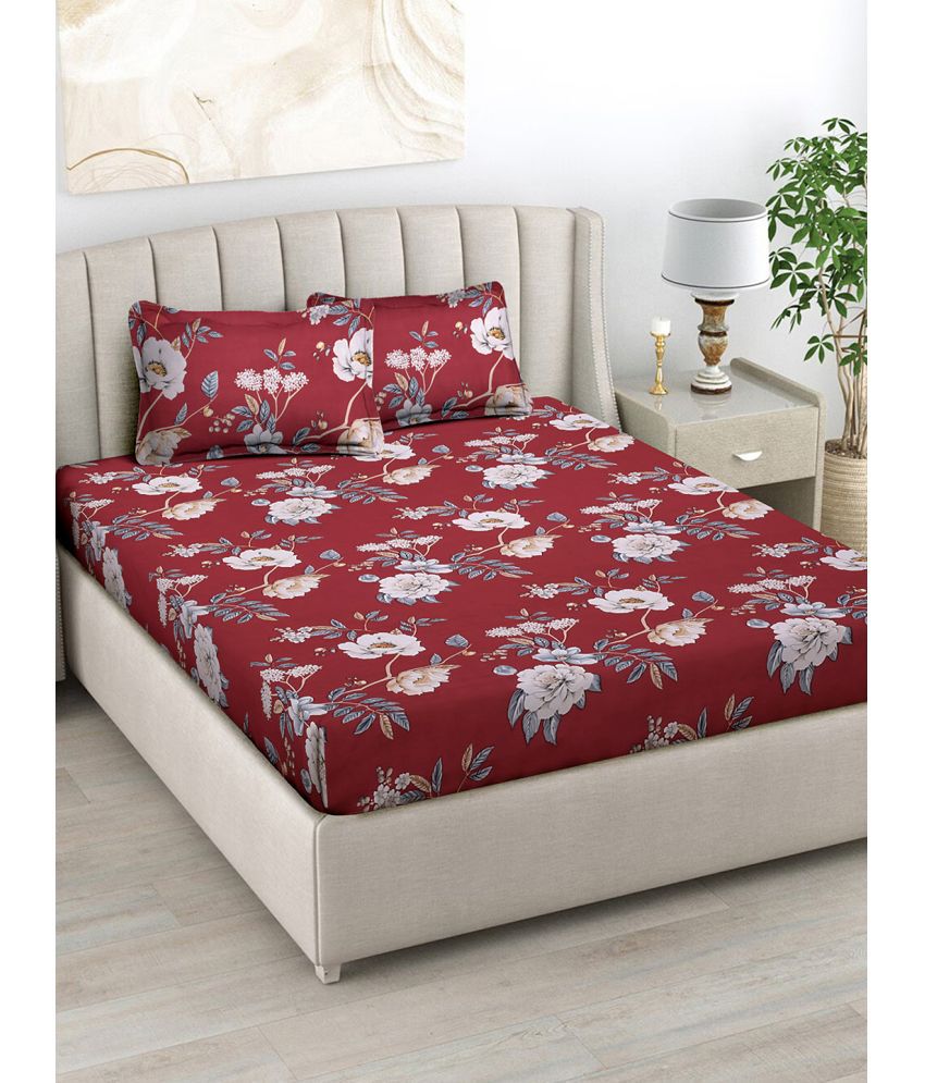     			FABINALIV Poly Cotton Floral 1 Double Bedsheet with 2 Pillow Covers - Maroon
